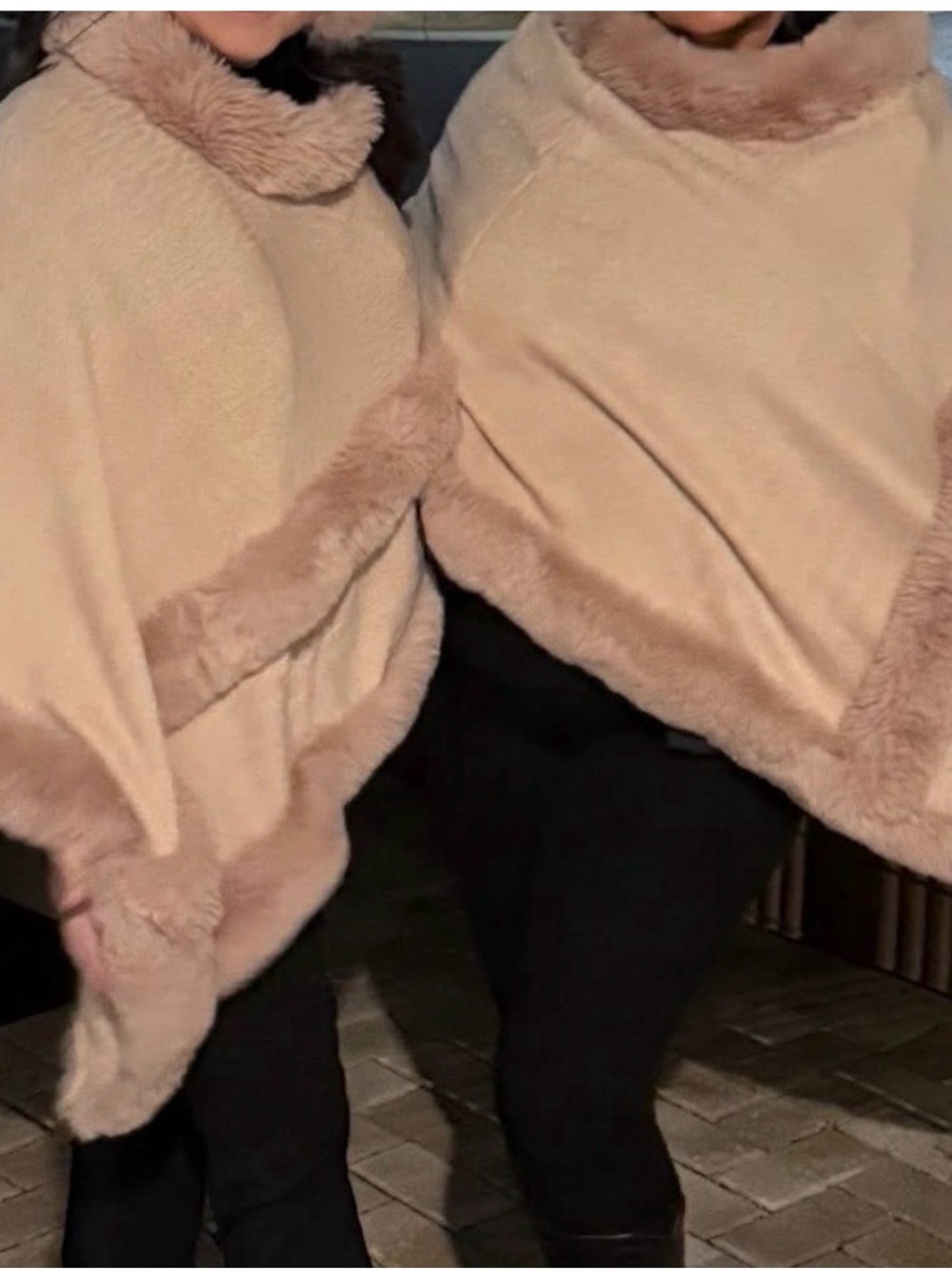 Cozy Faux Fur Trim Poncho - Blush Beige